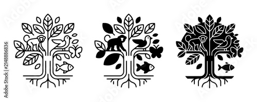 Photography Tree of Life Icons Set: Monkey, Bird, Fish, Butterfly, Leaves, Roots, Ecosystem