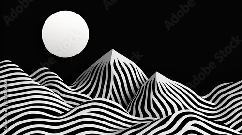Abstract black and white striped mountain landscape with full moon digital illustration art