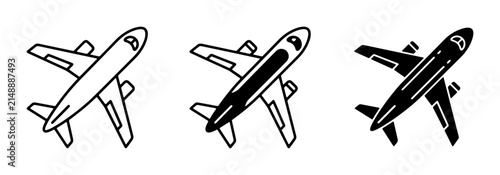 Airplane Icons Set: Outline, Solid Black, and Silhouette Vector Graphics for Travel and Aviation Concepts