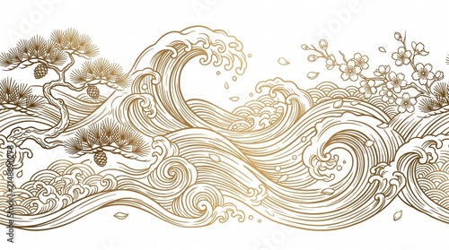 Japanese style wave pattern with pine tree and cherry blossoms