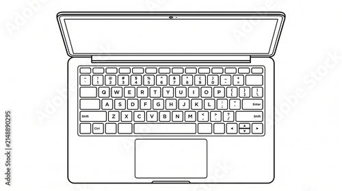 Line art illustration of an open laptop with keyboard and trackpad