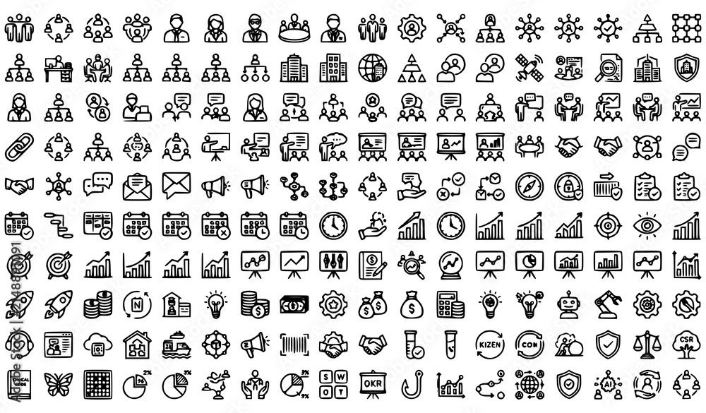 Fototapeta premium Corporate Management and Teamwork Line Icons Collection – Office Productivity Editable Stroke Vector Pack