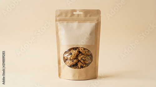 Pouch Mockup with Kraft Paper and Oatmeal Cookies, Standing Bag for Branding and Food Packaging