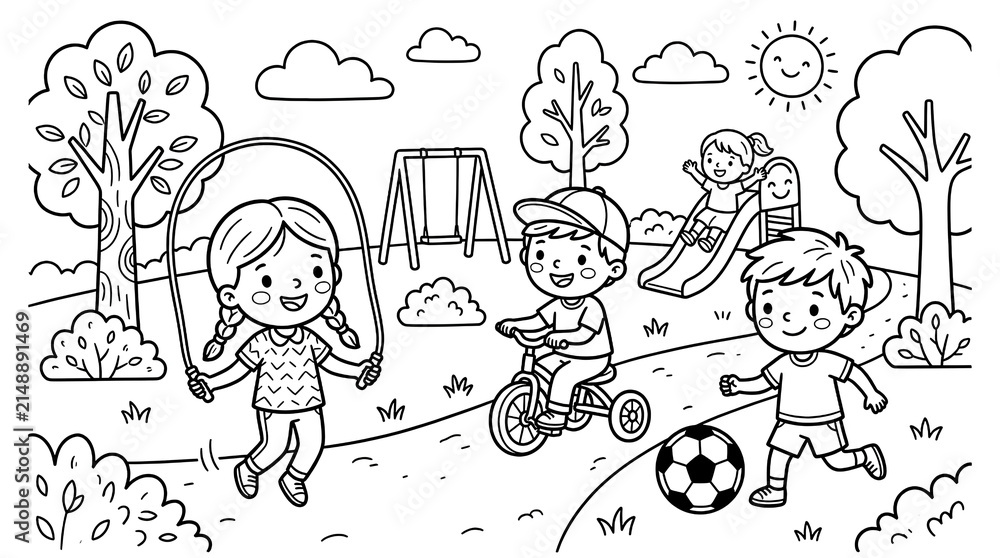Fototapeta premium Children Playing Soccer and Biking in Park Scene.
