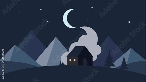 Night landscape with house and mountains