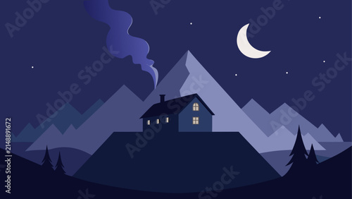 Cabin under moonlit mountain night scene