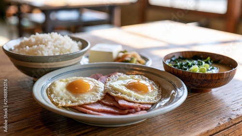rice with ham and eggs breakfast set meal