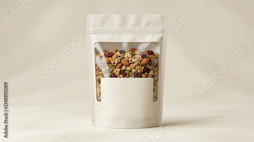 Granola Food Packaging Mockup with Blank Label in Stand-up Pouch Bag on Neutral Studio Background