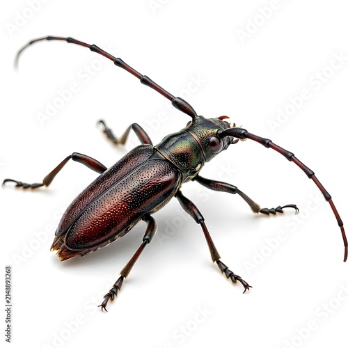 Longhorn Beetle Cerambycidae Macro Close Up View Isolated on White Background Detailed Metallic Shell and Long Antennae Insect Shot