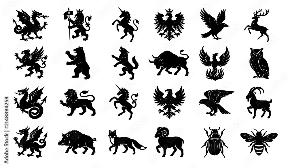 Naklejka premium Heraldic Mythical Creature Silhouette Vector Set for Coat of Arms and Emblem Design