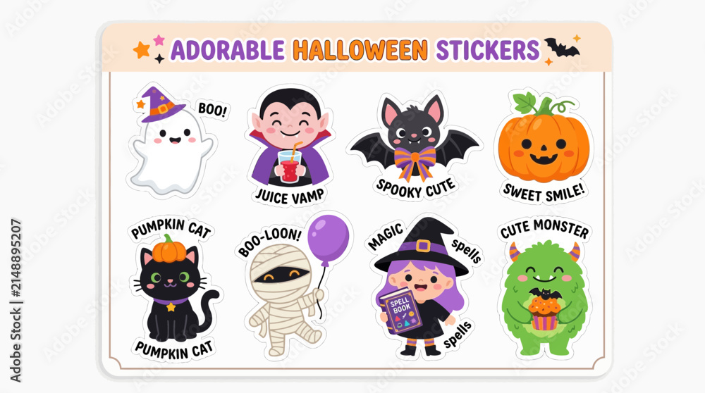 Fototapeta premium Halloween stickers featuring cute cartoon monsters and festive characters provide a decorative collection for seasonal celebrations.
