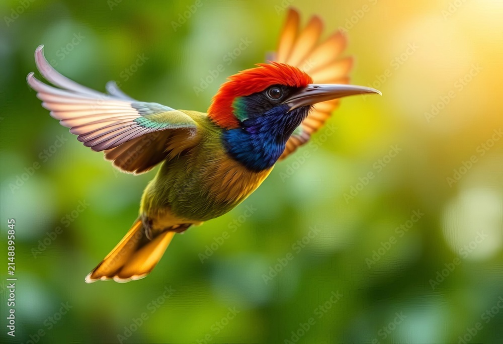 Naklejka premium Close-up of a vibrant baza bird in flight, sharp detail, predator, bird illustration