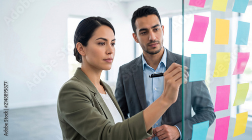 Diverse business professionals brainstorming strategy with colorful sticky notes on a glass wall in a modern office