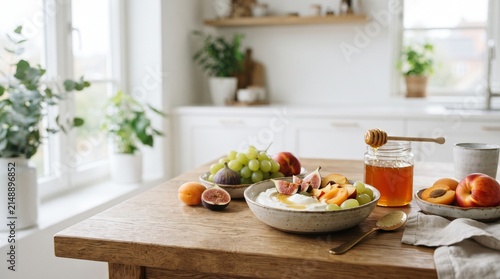 Healthy breakfast bowl with fresh fruit and honey on a rustic wooden table