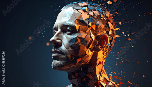Profile of a Man Face Breaking into Geometric Polygons Symbolizing Mental Health and Artificial Mind