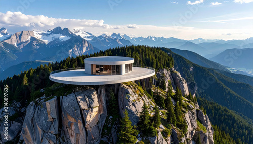 Modern Circular Luxury Villa Perched on a Rocky Mountain Peak with Panoramic Views of Snowy Alps