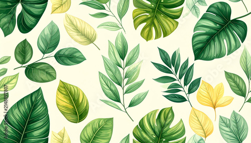 Watercolor Tropical Leaves Seamless Pattern with Monstera and Exotic Foliage on Light Background