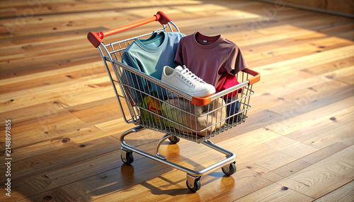 Metal shopping cart filled with casual apparel and white sneakers on sunlight wooden floor indoor
