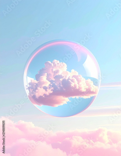 Surreal Pink Fluffy Cloud Trapped Inside a Transparent Sphere Floating in a Pastel Blue Dreamy Sky