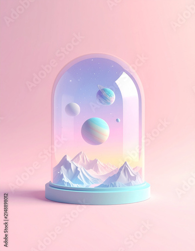 Surreal 3D Illustration of a Miniature Universe with Planets and Mountains Inside a Glass Cloche