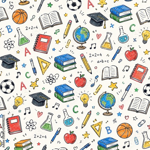 Seamless pattern with colorful school supplies and education icons isolated on white background