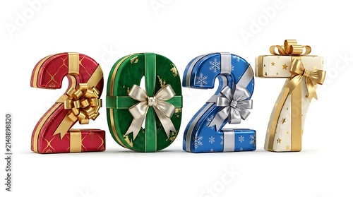 Numbers 2027 shaped as colorful wrapped gift boxes with decorative ribbons and bows