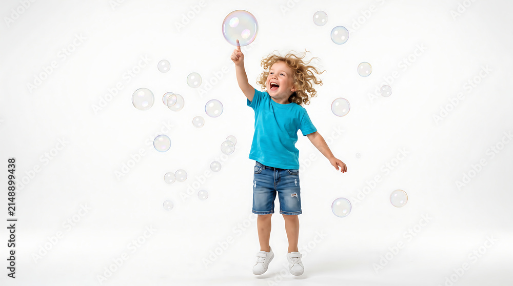 Fototapeta premium Happy boy jumping and catching bubbles with a smile on his face, enjoying childhood fun outdoors