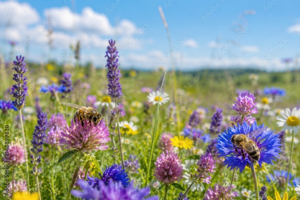 Obraz premium Vibrant summer wildflower meadow with lavender clover and foraging honeybees.