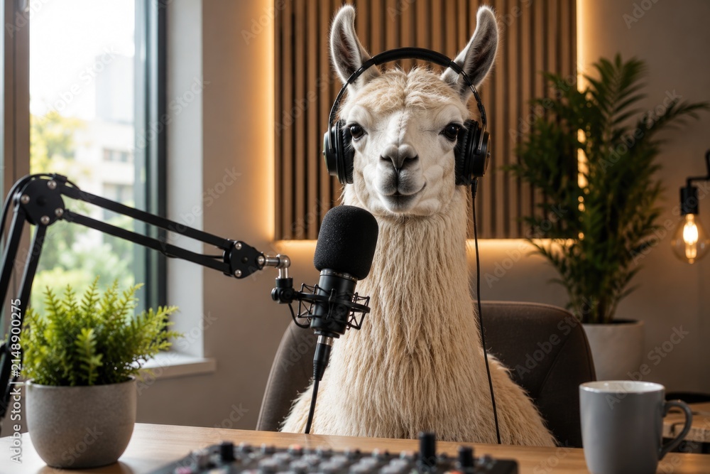 Obraz premium Llama Podcaster talking into microphone with headphones in studio