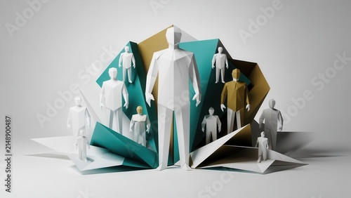 Paper craft men representing fragmented identity and mental struggle