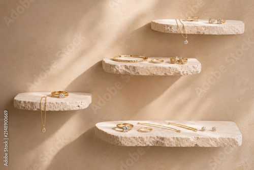 Floating stone shelves displaying gold jewelry collection on wall with shadow