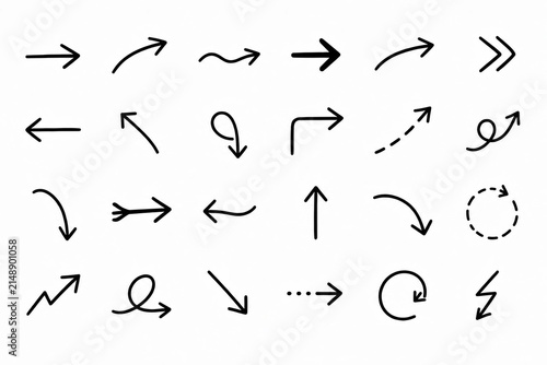 Set of various hand drawn doodle arrows on a white background isolated on white background