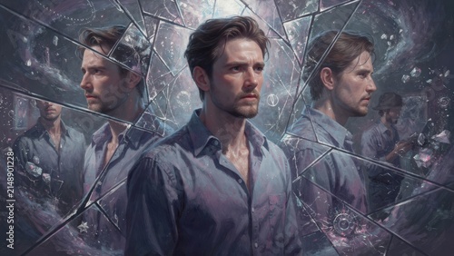 Confused man dealing with split identity and mental health crisis amid broken mirrors