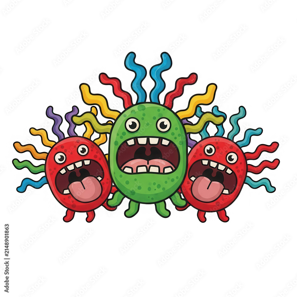 Fototapeta premium Three colorful pixel art monsters with funny faces and tentacles isolated on transparent background