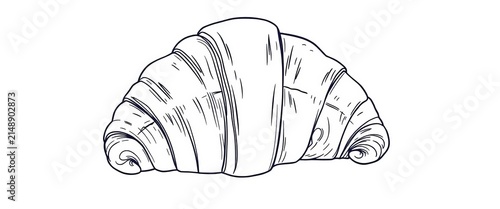 Elegant line art drawing of a croissant, showcasing its flaky layers,  baked goods,  drawing