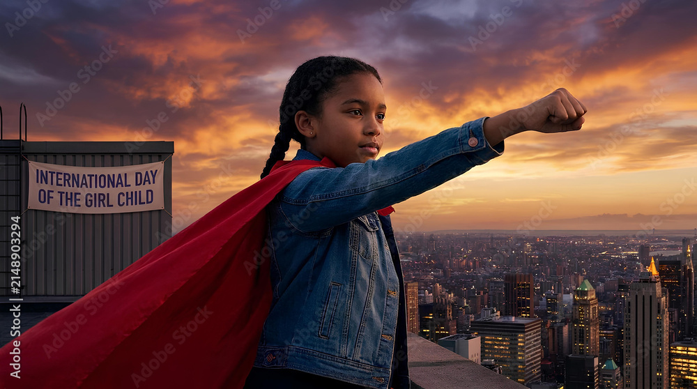 Fototapeta premium Young girl in red cape overlooking city skyline at sunset.
