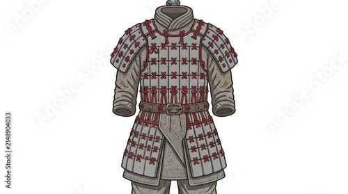 Grey and red lamellar scale armor tunic with belt
