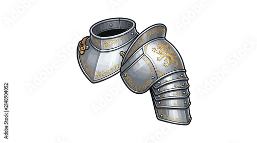 Silver and gold medieval shoulder pauldrons with lion emblem
