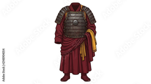 Roman or Byzantine lamellar armor tunic with red and yellow robes
