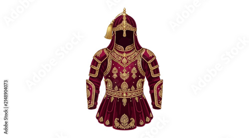 Ornate red and gold lamellar scale armor tunic with helmet
