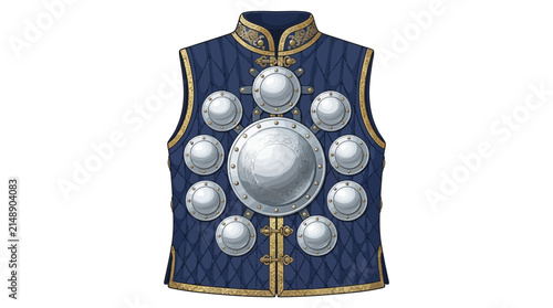 Blue and gold ornate mirror armor vest with circular plates
