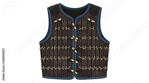 Dark leather tactical vest with bone pins and blue trim
