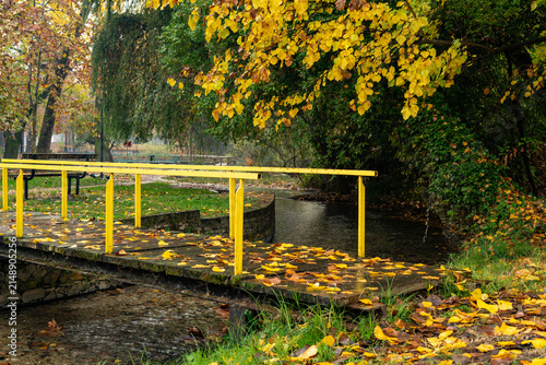Cuadro en lienzo A small wet wooden bridge with bright yellow metal railings crossing over a shallow stream covered with fallen autumn leaves at the famous Agia Varvara park in Drama city northern region of Greece