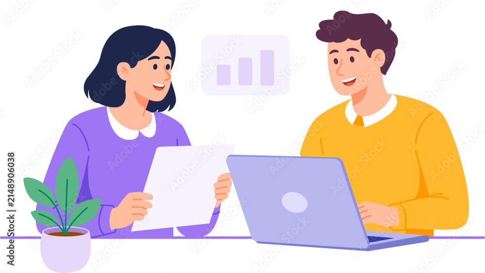 Fototapeta premium Flat Vector Illustration of Colleagues Having Casual Business Meeting