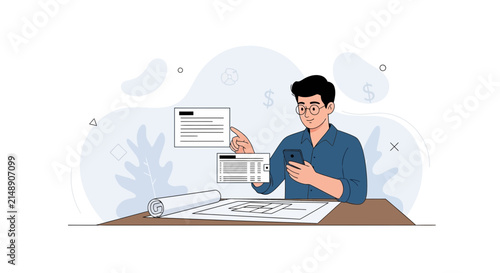 Architect or designer reviewing plans on a desk with smartphone and blueprints, illustrating project management and digital workflow.