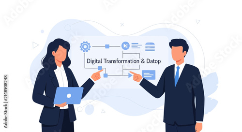 Business professionals discuss digital transformation and data strategy with flowchart and laptop