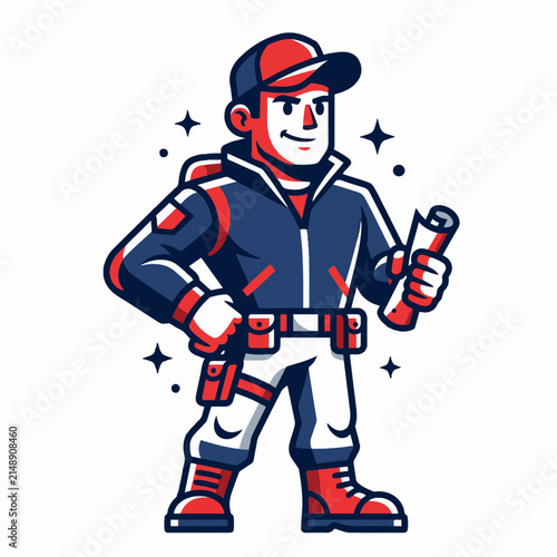 Professional technician contractor mascot flat vector illustration for home renovation service and construction branding isolated on white