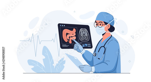 Doctor examining medical scans of intestines and brain, illustrating medical diagnosis and healthcare innovation