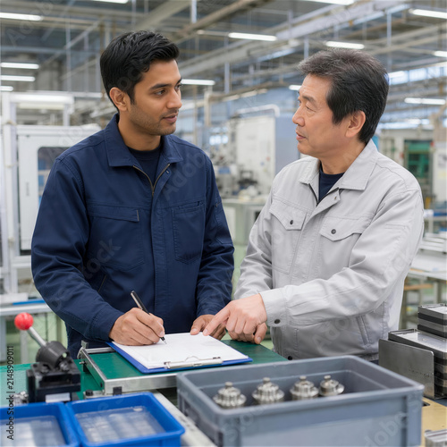 検査票を確認しながら工場で部品検査を学ぶ外国人スタッフのOJT