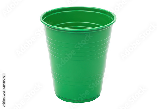 Green plastic cup with ribbed texture on transparent background vessel container